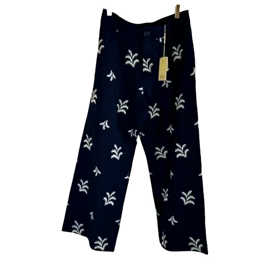 Elie Tahari Size 8 Linen Embroidered Trousers Pants Wide Leg Navy Tropical Fern